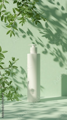 an Empty white dispenser bottle mock-up with green leaf  sunlight  and leaf shadow on a green olive background.