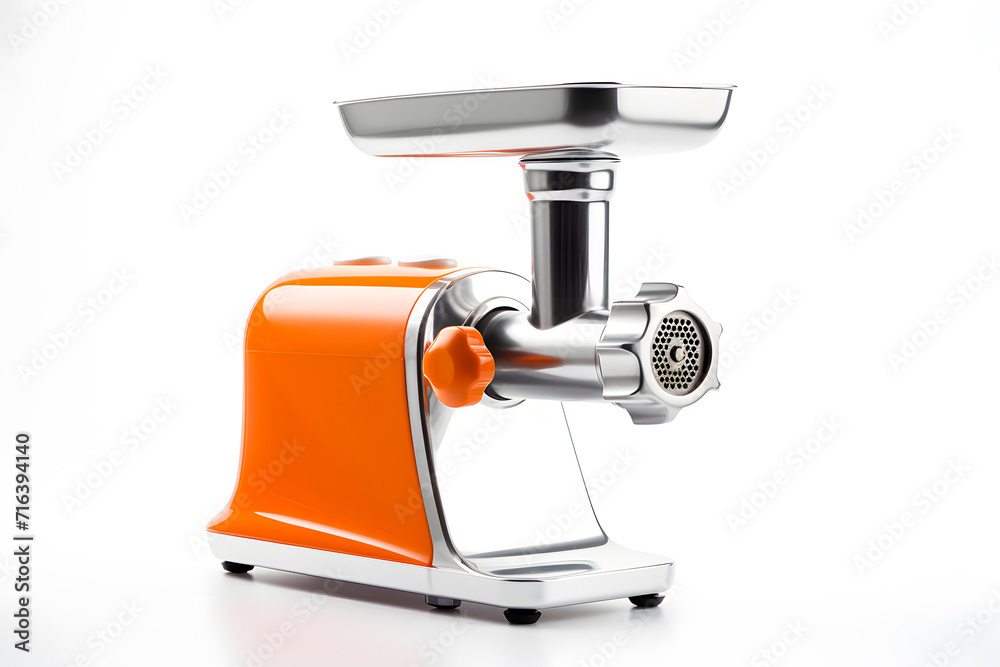 Orange electric meat grinder isolated on white background.