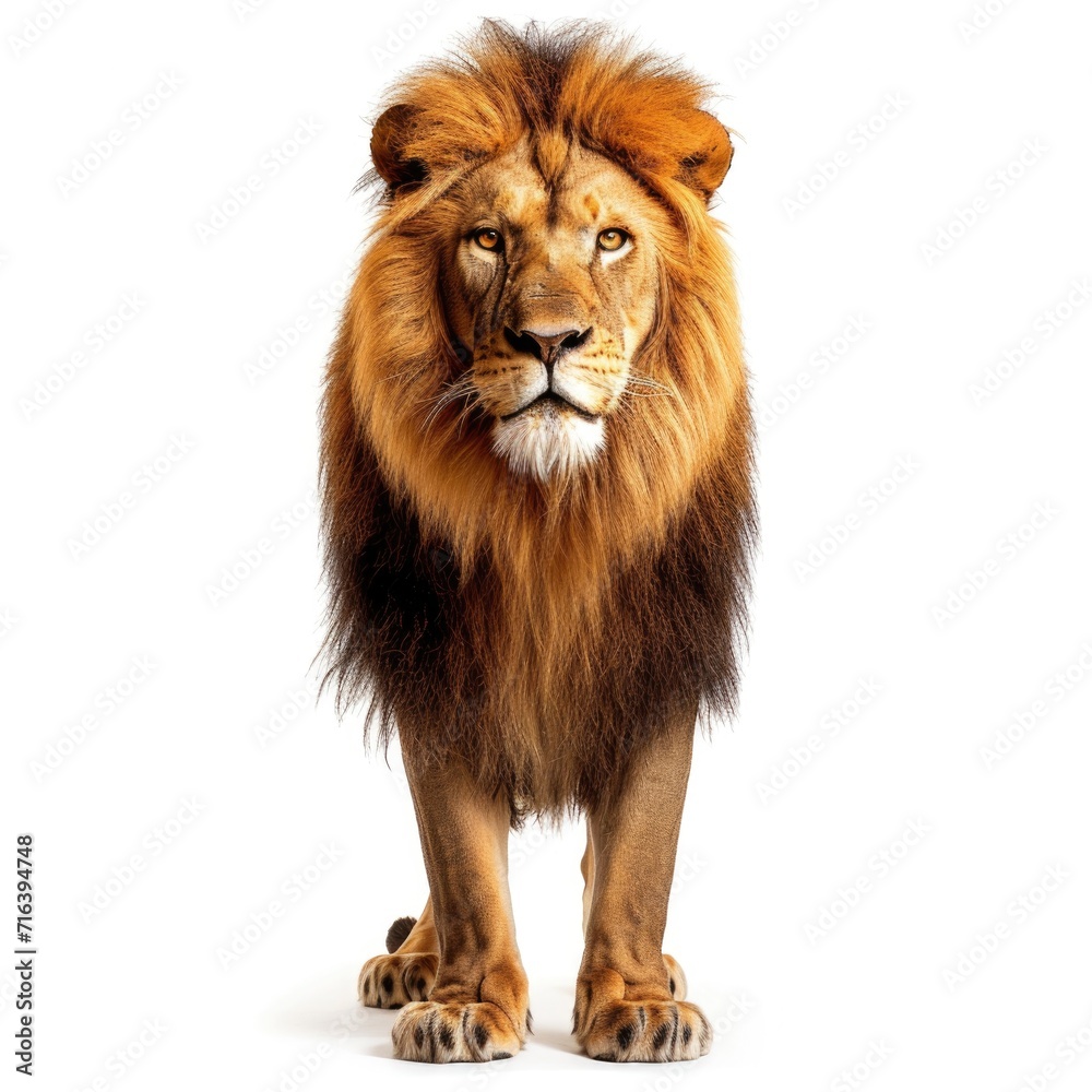 African Lion standing in natural pose isolated on white background, photo realistic