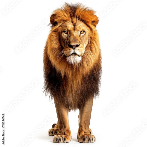 African Lion standing in natural pose isolated on white background, photo realistic