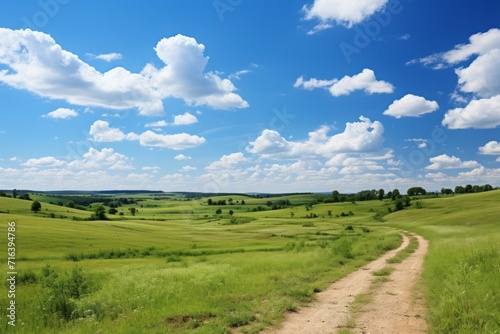 Tranquil countryside with scattered clouds on a sunny day  Generative AI