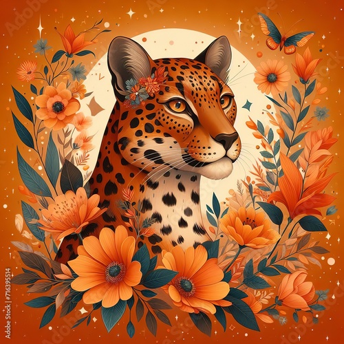 Anthropomorphic stylish leopard in orange flowers space