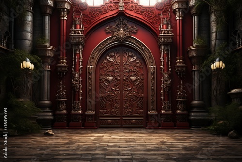 Tablou canvas Citadel Frontage with Ornate Gate, on an isolated Burgundy Red background, Gener