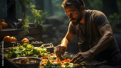 Chef cuisinier entrain de faire à manger sur un plan de travail, fruits et légumes frais, restaurateur en action devant son potager