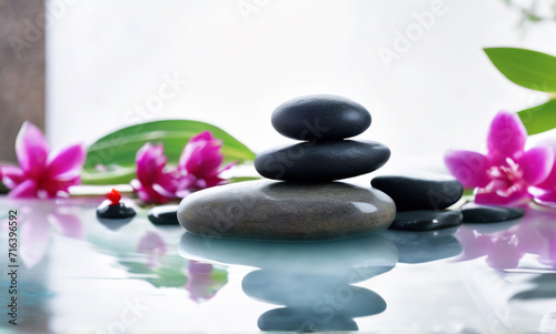 Tranquil Zen  Spa Relax Concept with Stones and Flowers Close-Up