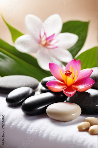 Tranquil Zen: Spa Relax Concept with Stones and Flowers Close-Up