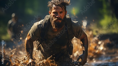 Homme qui court un. marathon dans la nature, en action de courir avec de la boue sur le corps, au milieu des montagnes photo