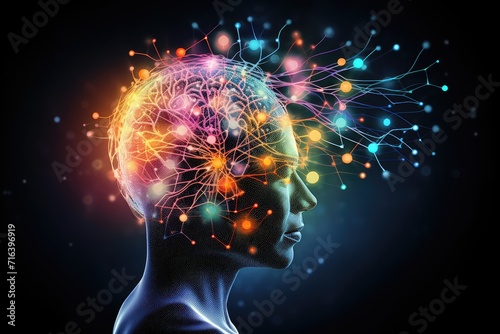 Cognitive Brain buoyancy. Navigate analytical thinking psychological flexibility  human mind. Vibrant axon facets of cerebral mosaic. Social Interaction brain lens of Positron Emission Tomography  PET