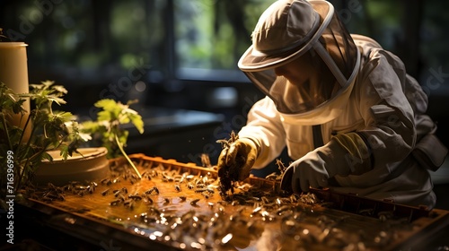 Apiculteur seul entrain de travailler avec ses abeilles dans un champs au milieu des montagnes