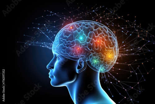 Cognitive Brain buoyancy. Navigate analytical thinking psychological flexibility, human mind. Vibrant axon facets of cerebral mosaic. Social Interaction brain lens of Positron Emission Tomography, PET
