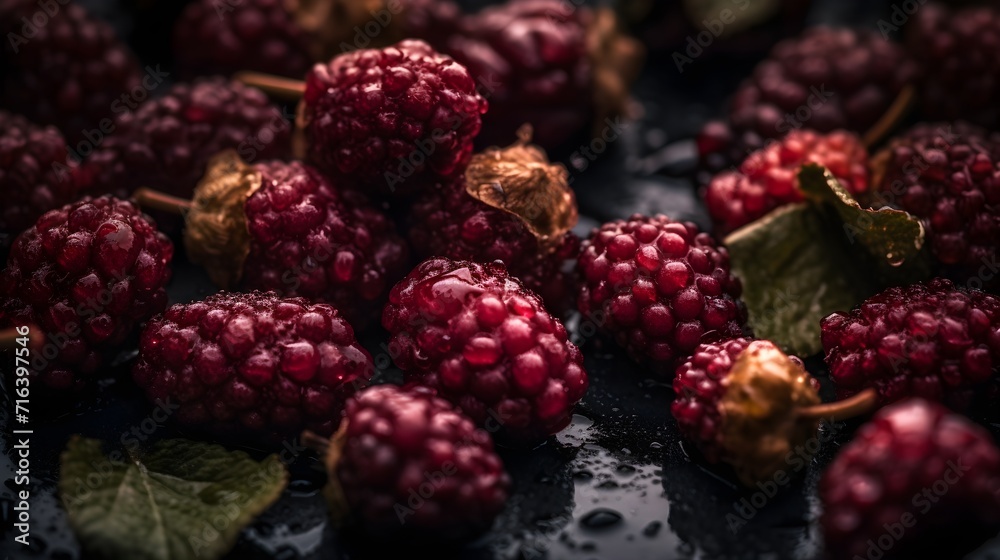 Fresh mulberries with water splashes and drops on black background Fresh mulberries with water splashes and drops on black background