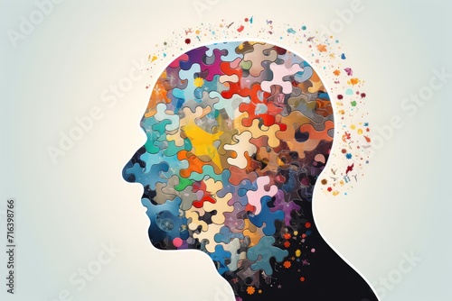 Vivid colored Brain Puzzle, jigsaw of Inquiry, dream interpretation. Connectomic studies, Brain-Gut Axis and ANS. Marvel receptor regulation Mindful Nexus. Embrace mindfulness, Neural Creative Flow.