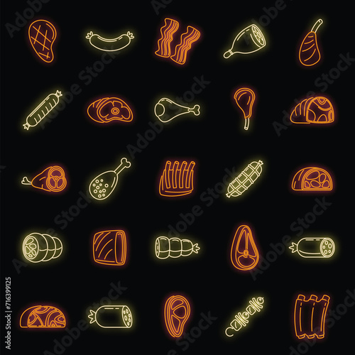 Raw meat icons set. Outline set of raw meat vector icons neon color on black