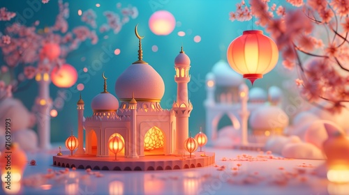 Serene mosque with glowing lanterns and cherry blossoms on a tranquil evening. Softly lit minarets and orbs create a peaceful, dreamlike scene.