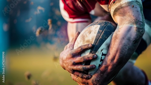 A close-up of a rugby player holding the ball firmly during a match, with focus on determination and strength  photo