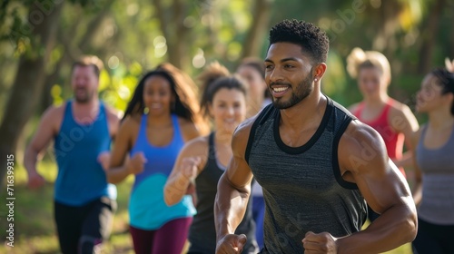 A group in an outdoor boot camp workout, with a focus on energy and group motivation