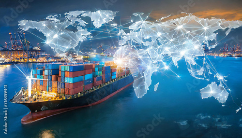 Container ship and the hologram of world map of international supply chains. Generative AI. © Szymon Bartosz