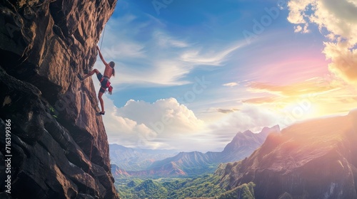 A rock climber scaling a challenging cliff, showcasing strength and determination, with a stunning mountain vista behind