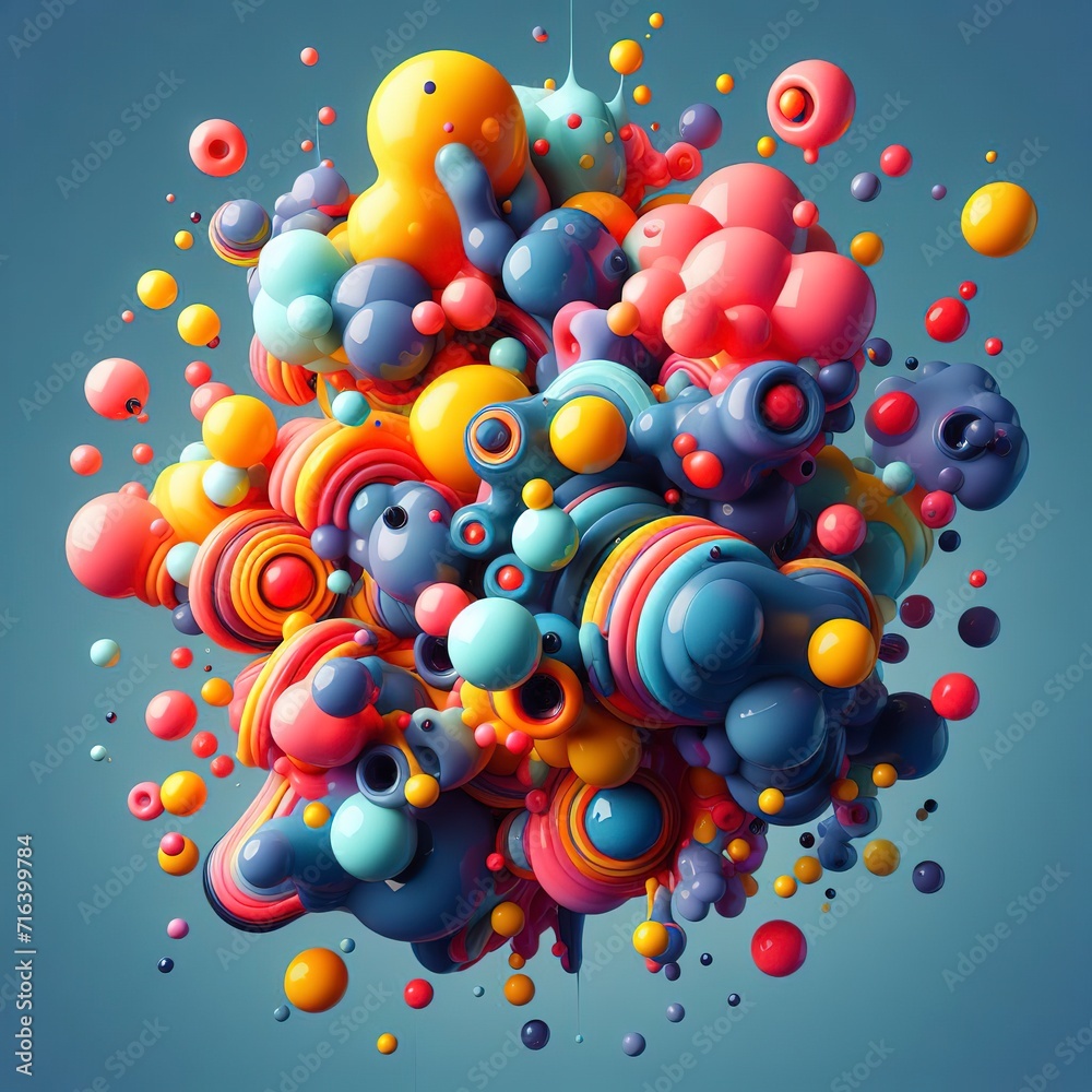 Abstract 3d art background. Colorful floating liquid blobs, soap bubbles, metaballs