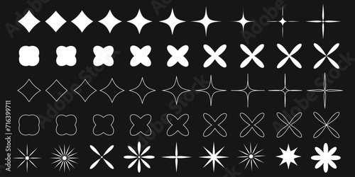 Retro-futuristic shiny icons collection, lined and filled. Set of star figures. Abstract cool sign vector design with glitter effect, pucker bloat. Templates for designs, posters, projects, banners