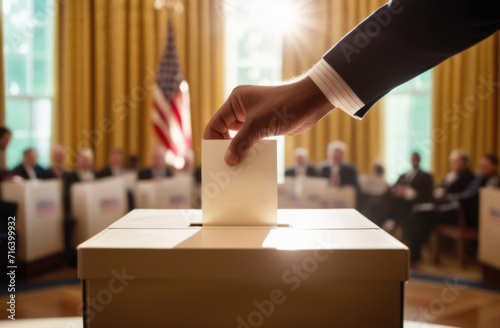 A man's hand drops his vote into the ballot box. American flags in the background, blurred background. Voting for the presidential election in the United States of America.
