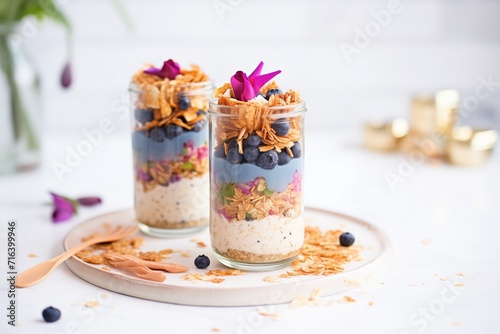 vibrant blueberry and vanilla overnight oats in a glass, granola on top