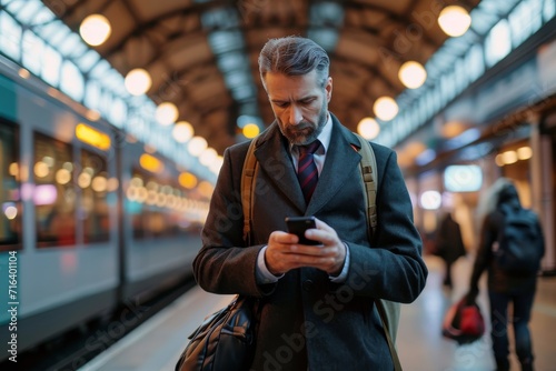 Fresh and energetic 30 year old, middle-aged businessman in a suit looking at his smart phone at a train station.