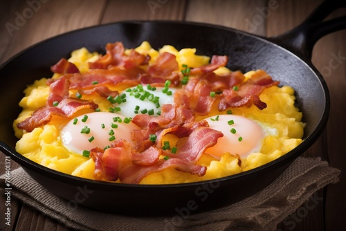Delicious scrambled eggs and crispy bacon sizzling in pan