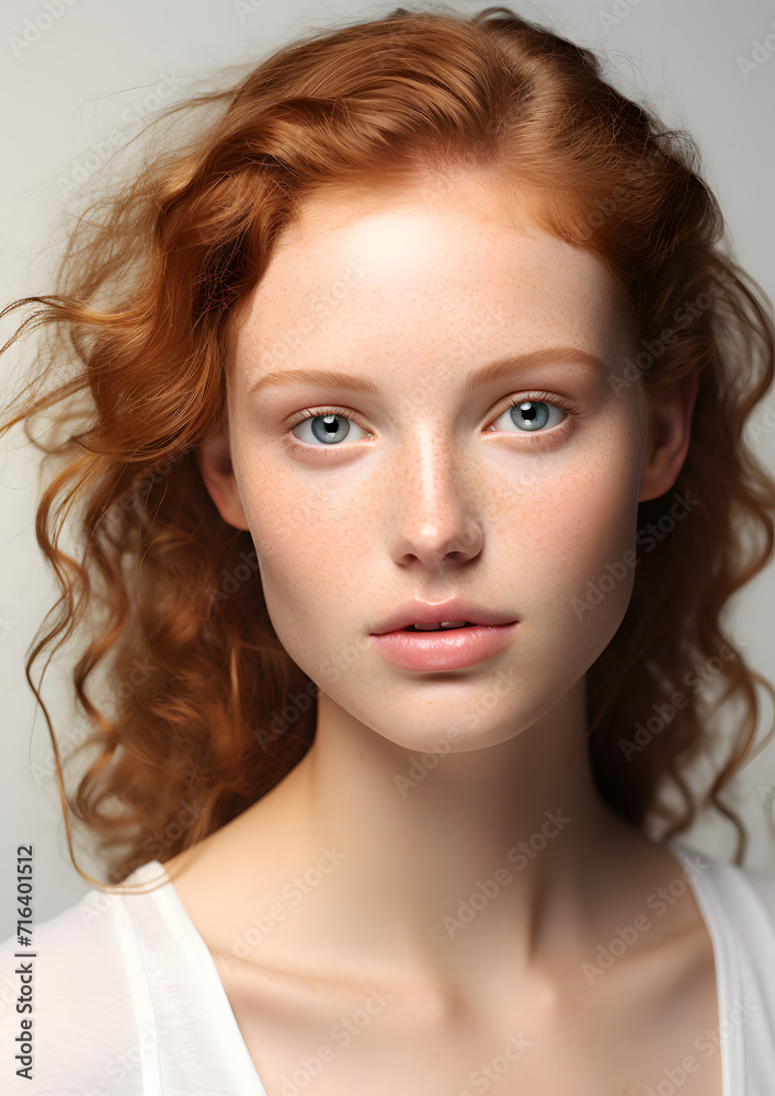 An attractive red-haired girl with freckles on her cheeks, on a white studio color background, smooth beautiful skin An attractive red-haired girl with freckles on her cheeks, on a white studio color background, smooth beautiful skin