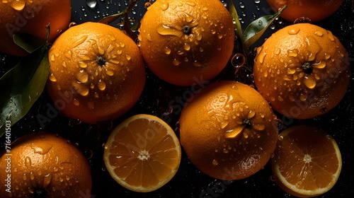 Fresh orange fruit with water splashes and drops on black background photo