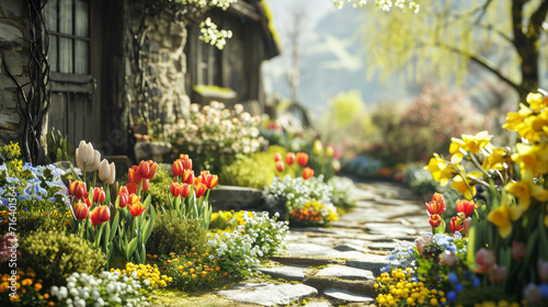 Springtime Easter garden scene with tulips and daffodils #716401564