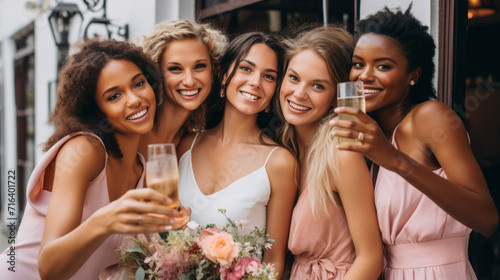 Cheerful bride with her multiethnic bridesmaids before a pub or restaurant photo