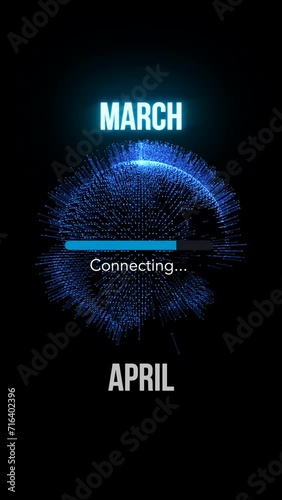 March connecting to April. Futuristic new neon symbol abstract digital concept. Global network and cyber technology background seamless and looped 3d animation. 9:16