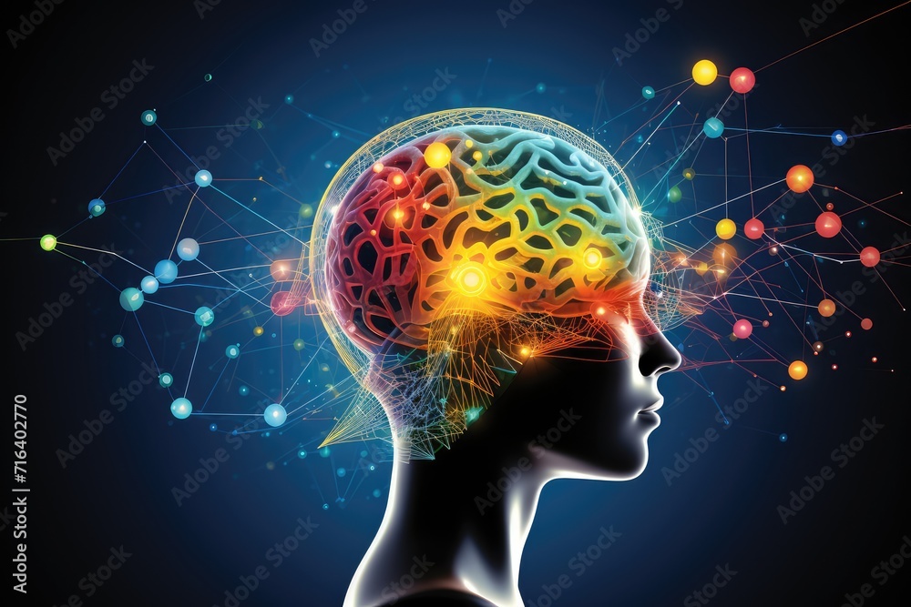 Obraz premium Brain puzzle, captivating jigsaw multicolored cognition. Neurotransmitter, brain network plasticity, learning strategie. Spatial orientation occipital bone, longterm depression (LTD) enigmatic pattern