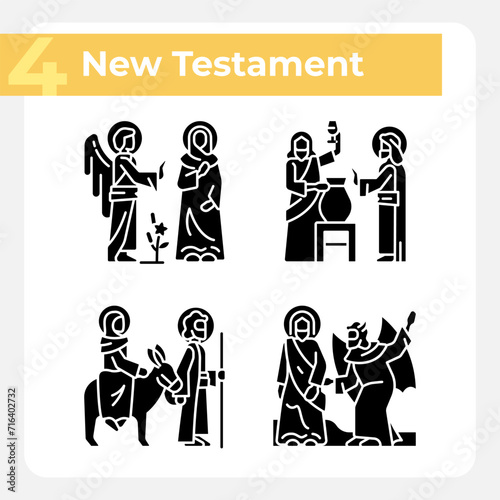 Holy figures black glyph icons set on white space. Mary and Joseph. Life of Jesus Christ. Biblical scenes. New testament. Silhouette symbols. Solid pictogram pack. Vector isolated illustration