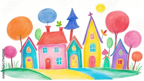 Childlike Drawing of Family House, Tree, Sun Illustration, Colorful Crayon Isolated on White Background © dreambender