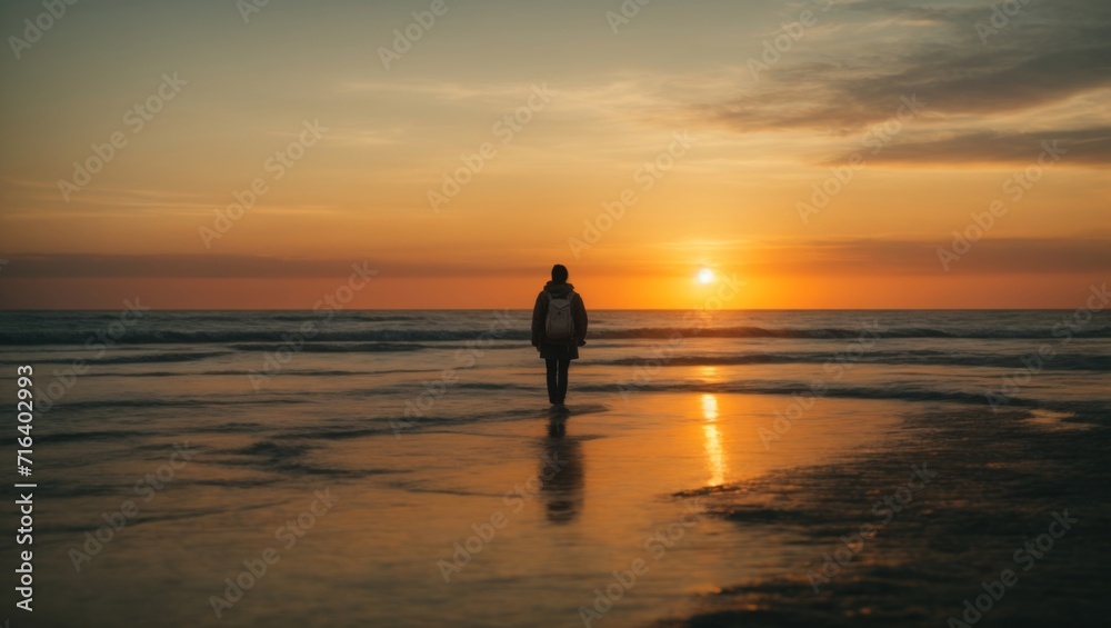 sunset on the beach with person in silhouette