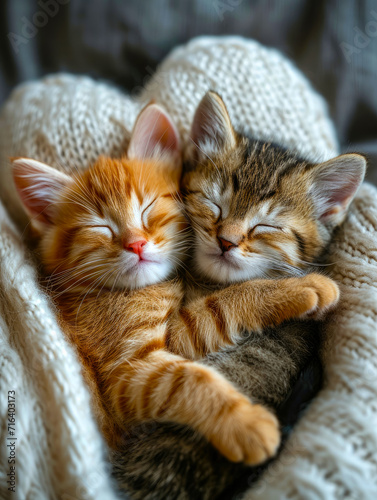 Two cute kitten sleeping on a plaid, heart-shaped soft pillow. Close-up. The concept of love, Valentine's Day.
