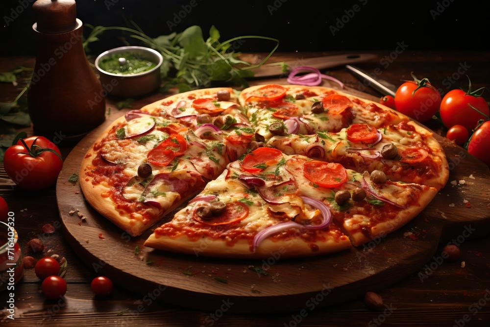 Delicious Freshly Baked Pizza on Rustic Wooden Table for Food Photography