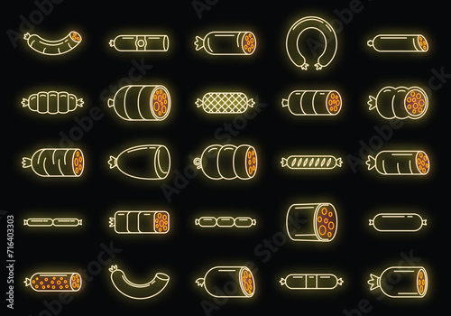 Sausage fresh icons set. Outline set of sausage fresh vector icons neon color on black