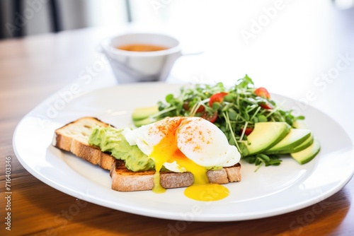 avocado toast with poached egg served with a side salad