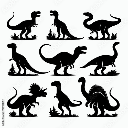 Vector silhouette set of dinosaurs with a simple and minimalist stencil design style
