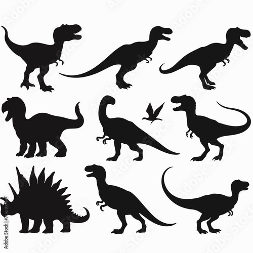 Vector silhouette set of dinosaurs with a simple and minimalist stencil design style