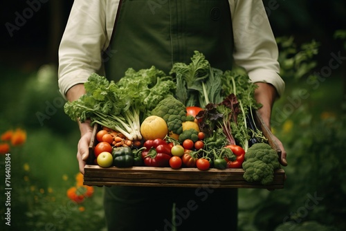 Unrecognizable Man's Hands Carrying Box of Vegetables in the Garden