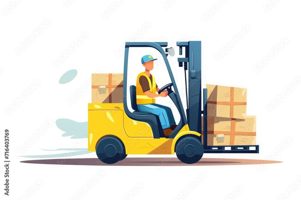 Man driving a forklift with a pile of goods on raised forks, warehouse worker