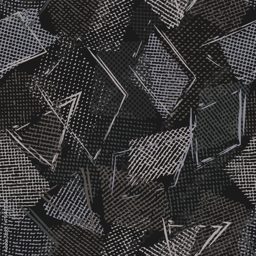 Seamless gray camouflage pattern with random scattered overlapping tulle pieces, patches, outline geometric shapes. Random composition. For apparel, fabric, textile, sport goods Grunge texture