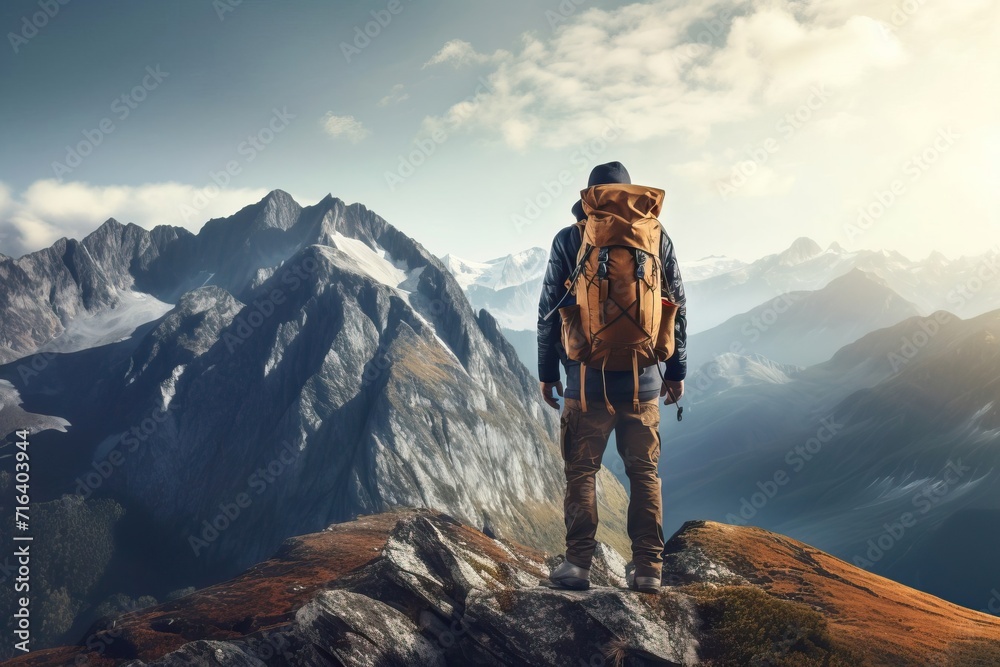 Adventurous Male Traveler Standing on a Mountain with a Backpack