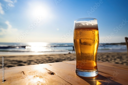 Refreshing beer in a seaside setting with a view of the beach