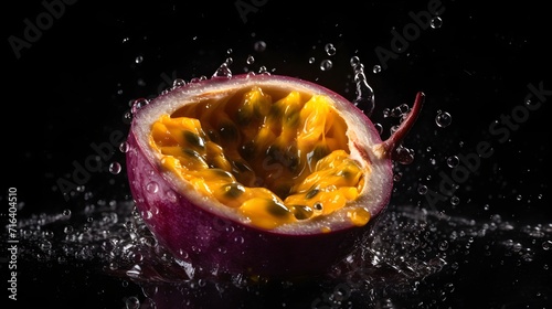 Fresh passion fruit with water splashes and drops on black background