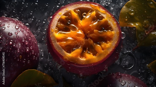 Fresh passion fruit with water splashes and drops on black background